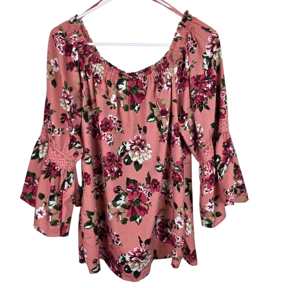 New Glory Floral Blouse Women XL Pink Excellent Boho Lace Bell Sleeve Top